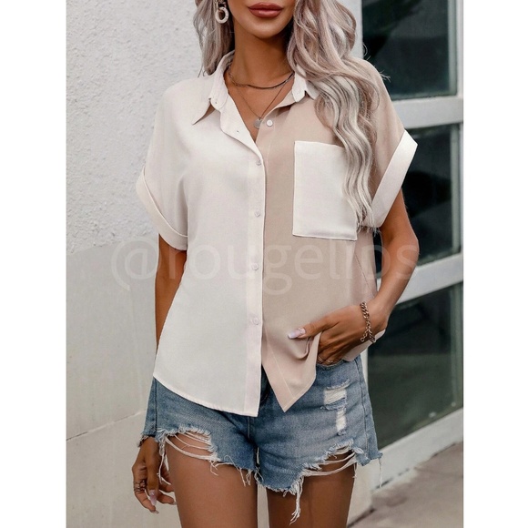 Rolled Up Batwing Sleeves Color Block 2 Tone Button Down Shirt Tan Beige - Picture 4 of 9